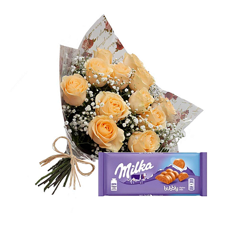 Buquê 12 Rosas Champagne com Barra Milka