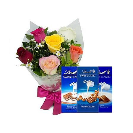 Buquê 6 Rosas Coloridas com Barra Lindt Swiss Classic