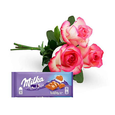 Trio de Rosas Cor de Rosa com Barra Milka