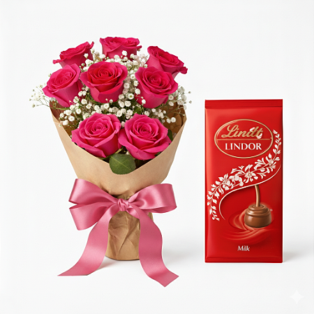 Buquê de 08 Rosas Pink e Barra de Chocolate Lindt