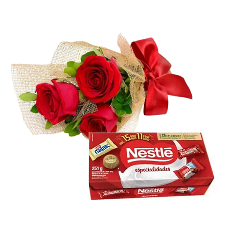 Trio de Rosas na Tela com Caixa de Bombom