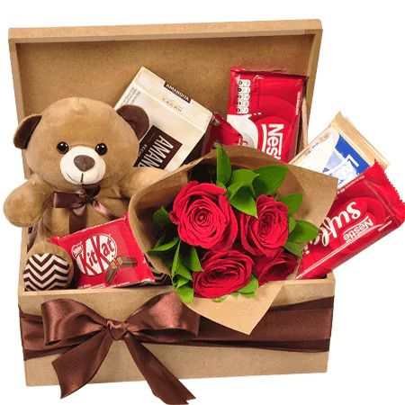 Kit Ursinho de Pelúcia, Flores e Chocolates