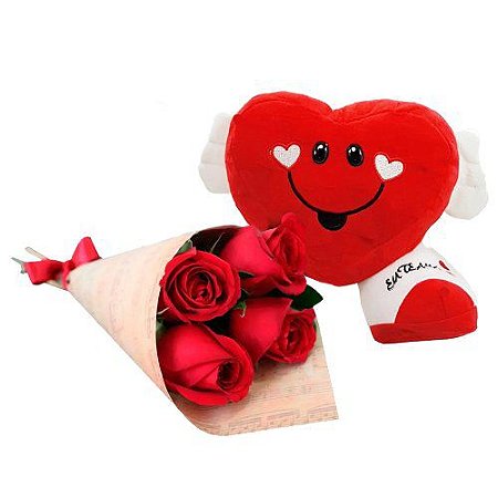 Kit Pelúcia Chambinho com Quarteto de Rosas