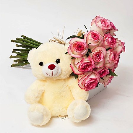 Encanto Rosa – Buquê de 12 Rosas & Pelúcia Fofinha