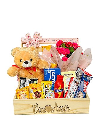 Baú de Chocolate com Pelúcia  & Flores