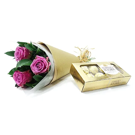 Doce Encanto Lilás – Trio de Rosas com Ferrero Rocher