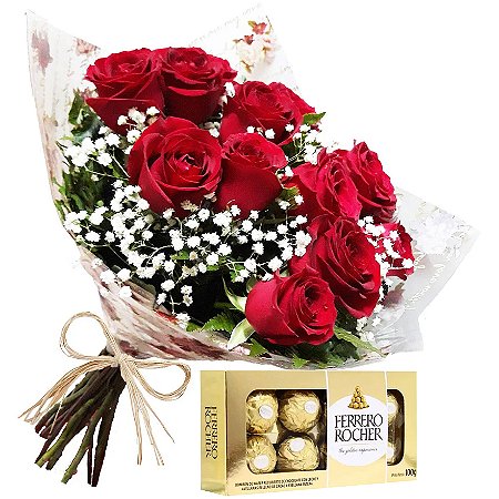 Buquê de 10 Rosas Vermelhas & Chocolate Ferrero Rocher 100G