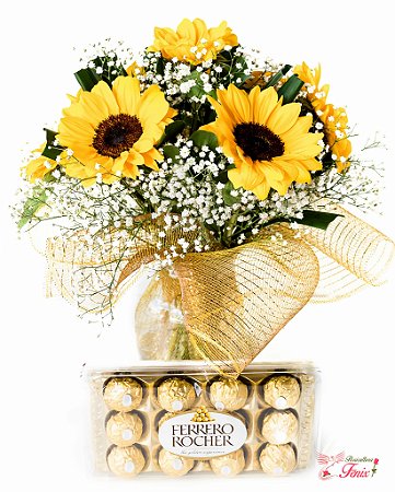 Arranjo de Girassóis no vaso de vidro com Ferrero Roche 150 gramas