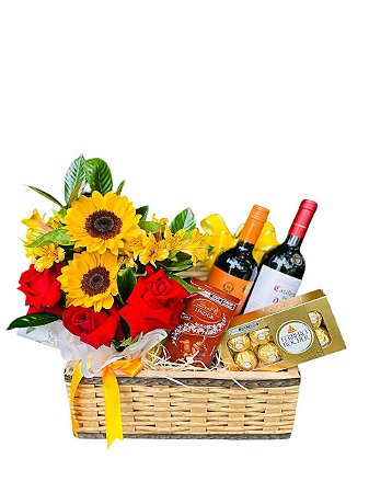 Cesta Luxuosa Girassóis, Rosas, Vinhos & Chocolates