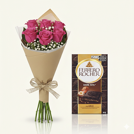 Combo Intenso Rosa: 6 Rosas Cor de Rosa & Ferrero Rocher Dark 55%