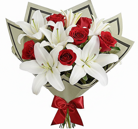 Luxuoso Buquê de Rosas com Lírios Brancos