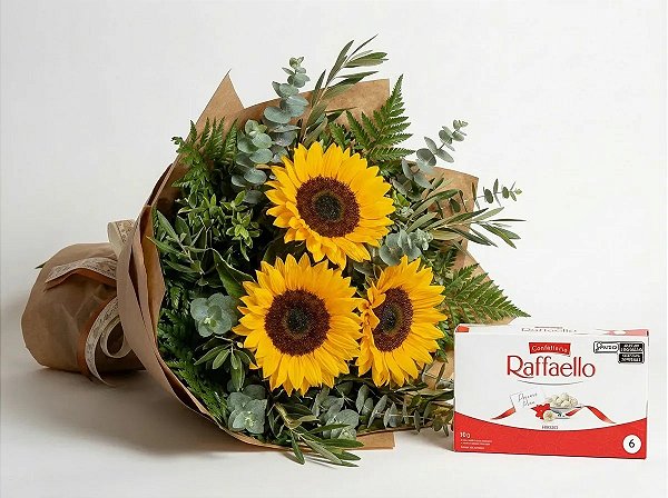 Buquê Trio de Girassóis + Rafaello 90g