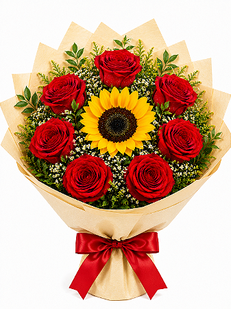 Buquê Romance Dourado - Rosas Vermelhas Premium e Girassol