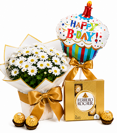 Kit Margarida Branca com Balão e Ferrero Rocher