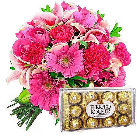 Buquê MIX de Flores Nobres Pink com Ferrero Rocher