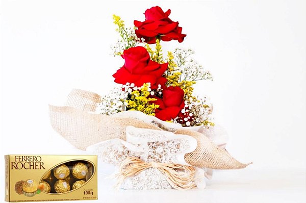 Arranjo 3 Lindas Rosas e Ferrero Rocher