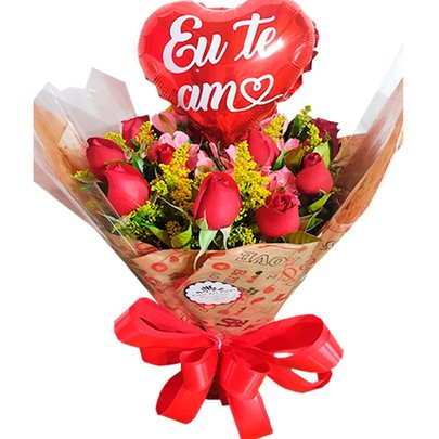 Buquê de 12 rosas vermelhas  Com Balão Eu te Amo