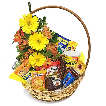 Cesta de Café da Manhã Bom Dia Com Flores