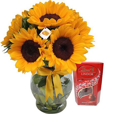 Arranjo de Girassóis com Chocolate Lindt