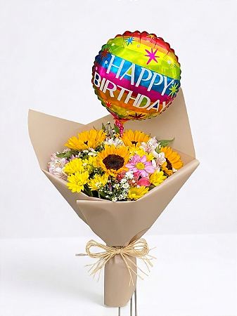 Buquê Mix de Flores & balão Happy Birthday