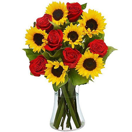 Luxuosos Girassóis e Rosas Vermelhas no Vaso