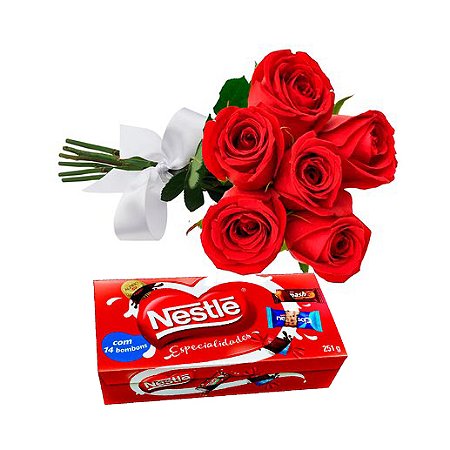 Buquê de 06 Rosas Vermelhas com Caixa de Bombons