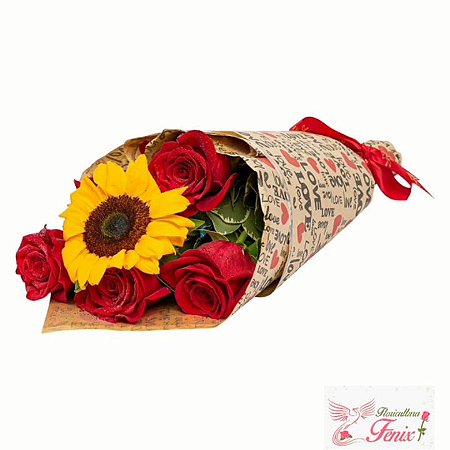 Buquê Love de Rosas  Vermelhas & Girassol