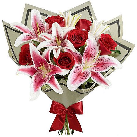 Luxuoso Buquê de Rosas com Lírios Cor-de-Rosa