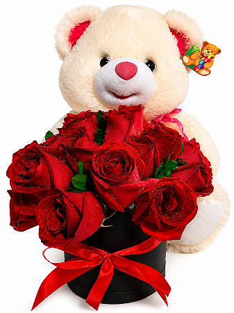 Box de Rosas Vermelhas com Urso de Pelúcia