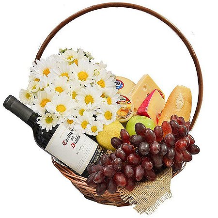 Cesta  De  Queijos, Vinho e Flores