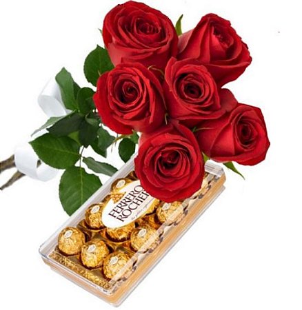 Buquê de 6 Rosas Vermelhas com Ferrero Rocher