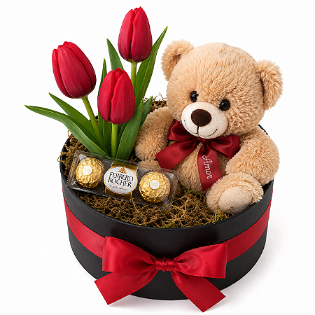 Arranjo Elegance: Tulipas Vermelhas, Ursinho e Chocolate