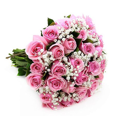 Buquê de 20 rosas cor de rosa ou Pink com gipsofila - Fênix Floricultura -  Flores e presentes