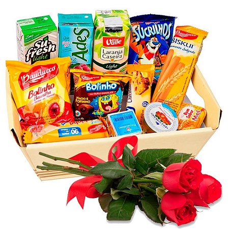 Cesta de Café da Manhã Matinal com Ramalhete de Rosas