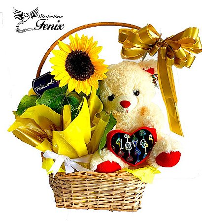 Cesta de Girassol Plantado Com Pelúcia