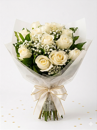 Buquê de 12 Rosas Brancas - Tradicional