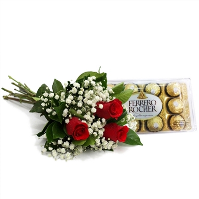 Trio de Rosas Premium Com Ferrero Rocher