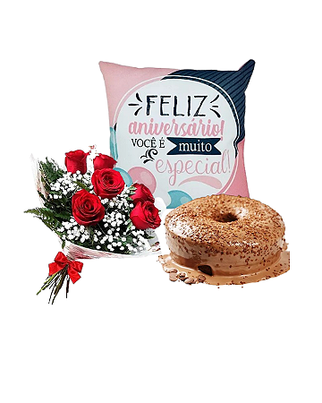 Kit de aniversário com flores, bolo e almofada