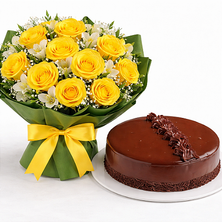 Buque 12 Rosas Amarelas e Bolo de Chocolate