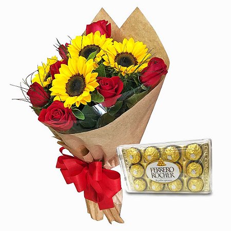 Sol & Amor – Buquê de Rosas, Girassóis e Ferrero Rocher 150G