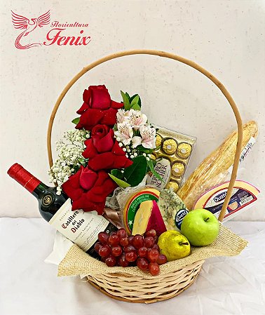 Cesta Romântica  Vinho, Queijos e Chocolate