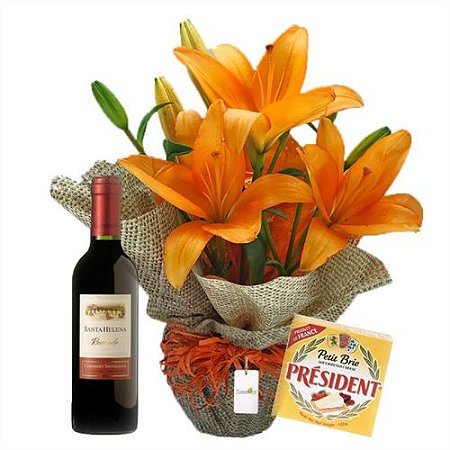 Arranjo de Lírio com Vinho e Queijo