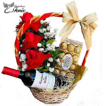 Cesta Luxo de Rosas Vermelhas & Vinho Casillero