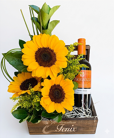 Arranjo de Girassóis com Garrafa Vinho 750 ml