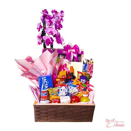 Baú Especial de Café da Manhã com Orquídea Phalaenopsis e Vinho