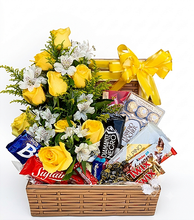 Luxuoso Baú de Rosas Amarelas Com Chocolates