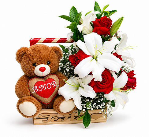 Admirável Cesta com Arranjo de Lírios e Rosas