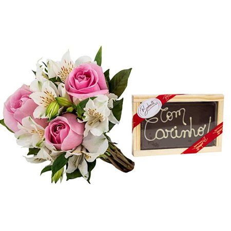 Buquê Trio de Rosas Pink e Chocolate Bombonatti