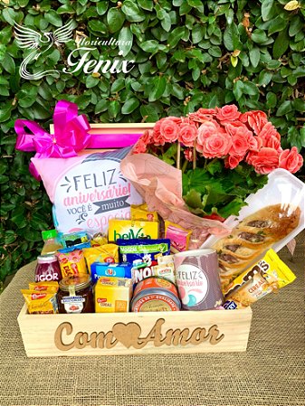 Luxuoso Baú Com Flores de Café da Manhã "Feliz Aniversário"