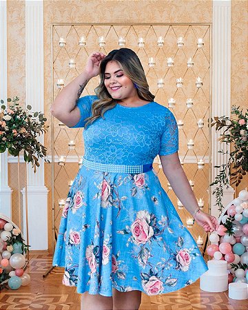 Vestido Plus Size Casamento Civil Azul Flores Manga Curta